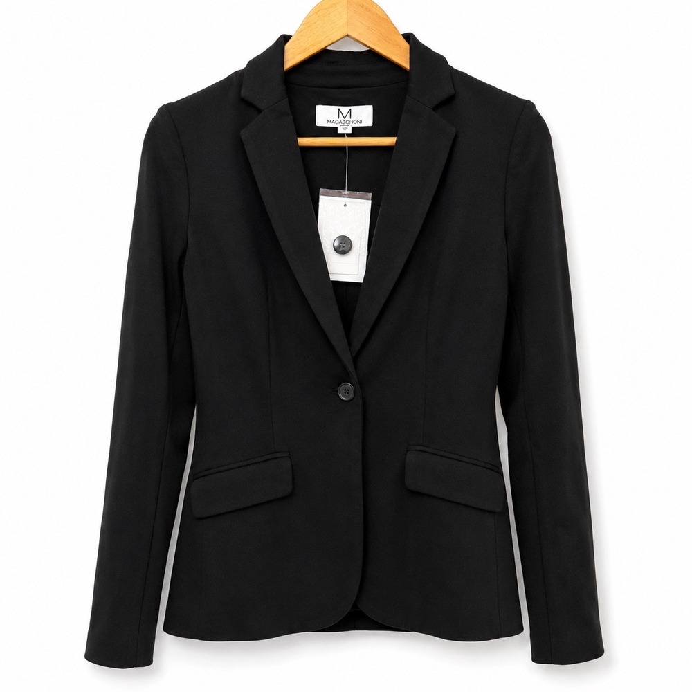 Magaschoni Womens Black Knit Single Button Blazer Jacket XS NWT
